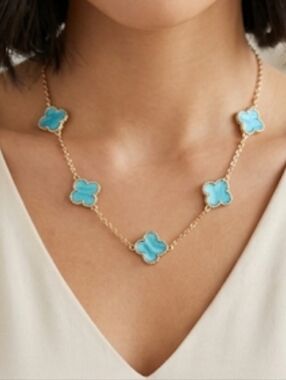 Aqua Clover Station Necklace Gold-Tone Four Leaf Iridescent Swirl